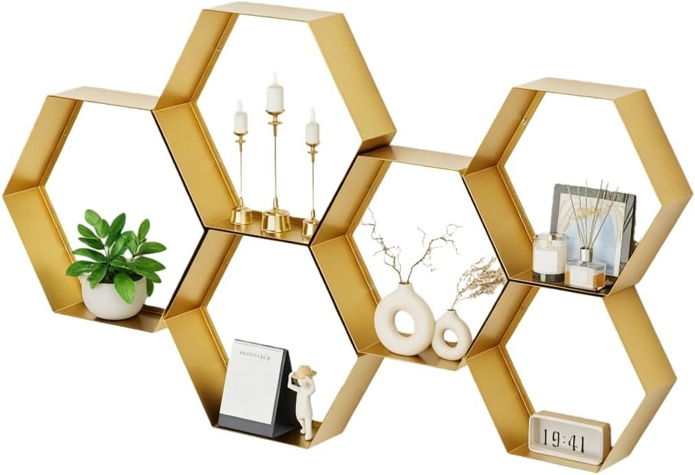 Gonice Hexagon Floating Shelves, Metal Honeycomb Shelves Set of 6, Gold