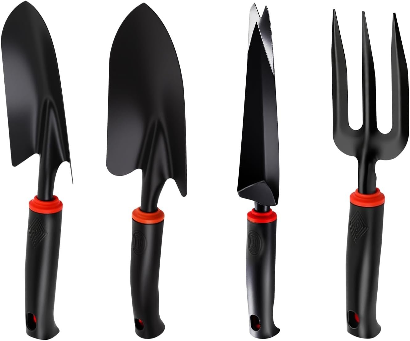 Vinid 4-Piece Heavy-Duty Garden Tool Set, Wide & Narrow Trowel, Root Remover, 3-Tine Cultivator, Hand Rake with Soft Rubber Non-Slip Handle, Idea Gift for Women, Mother