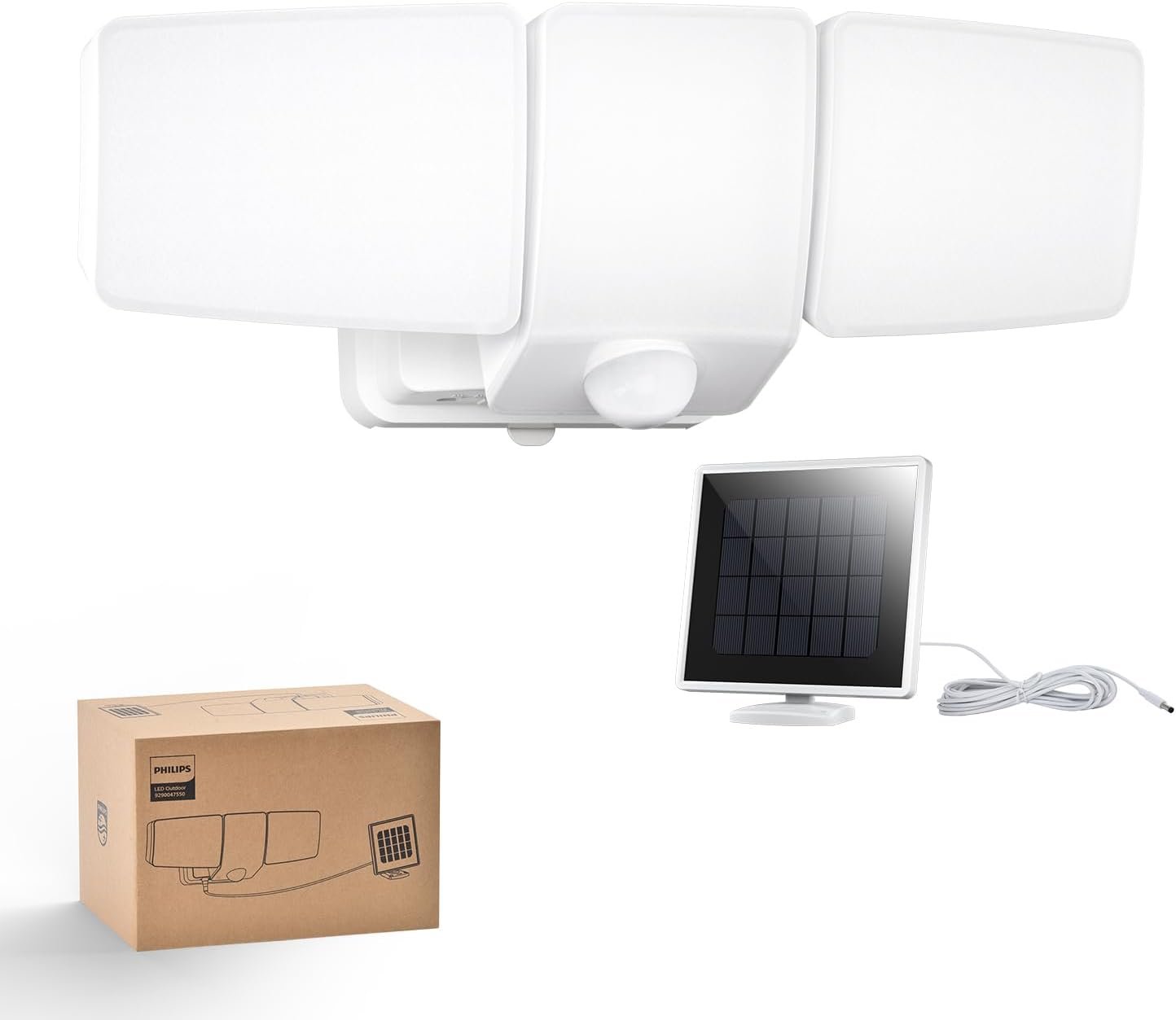 Philips 3600LM Solar Security Lights, 5000K Waterproof Dimmable LED Motion Sensor Outdoor Lights, 3 Adjustable Heads w/16ft Cable, Separate Solar Panel with 3 Modes Solar Flood Lights for Yard, Garage