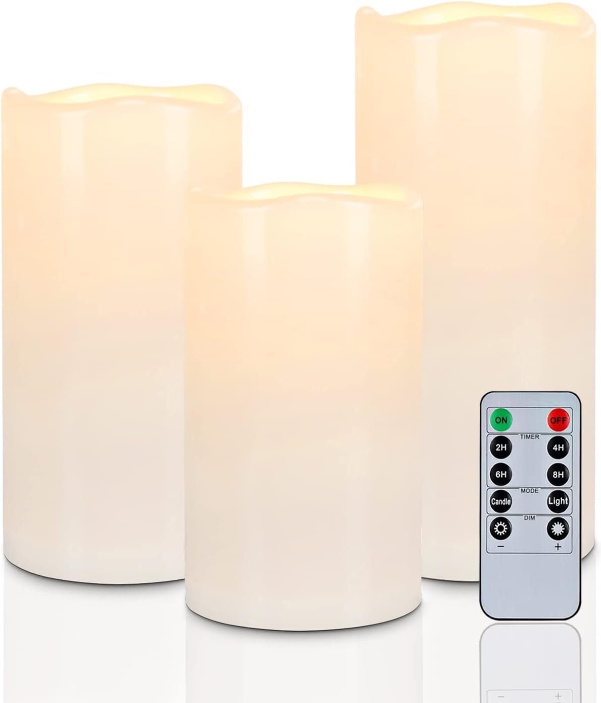 Homemory 6″ 8″ 10″ x 4″ Waterproof Outdoor Flameless Candles, Battery Operated Flickering LED Pillar Candles with Remote and Timers for Indoor, Plastic, Ivory White
