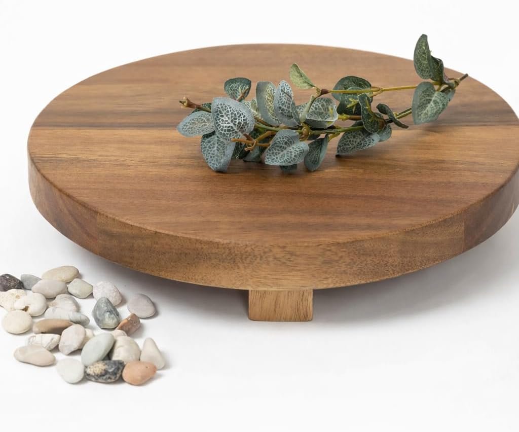 Kurrajong Farmhouse footed wooden stand. 10″ wide and 2″ high round Acacia Wood Riser. Wooden pedestal stand for Kitchen Counter, Coffee Station, Bathroom, Plants, Candles. Rustic Countertop Riser board