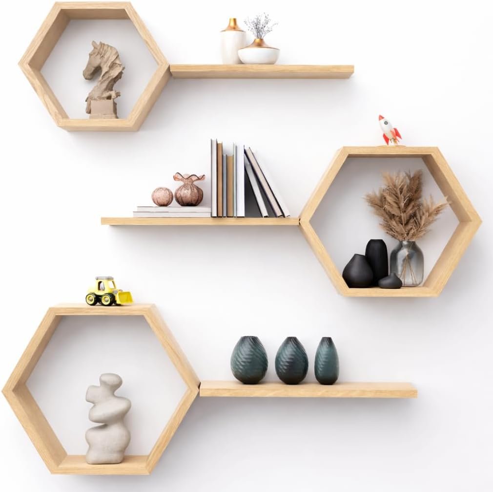 Hexagon Floating Shelves Set of 6 Honeycomb Shelves for Wall, Wooden Hexagon Shelves for Farmhouse Storage (Natural Wood)