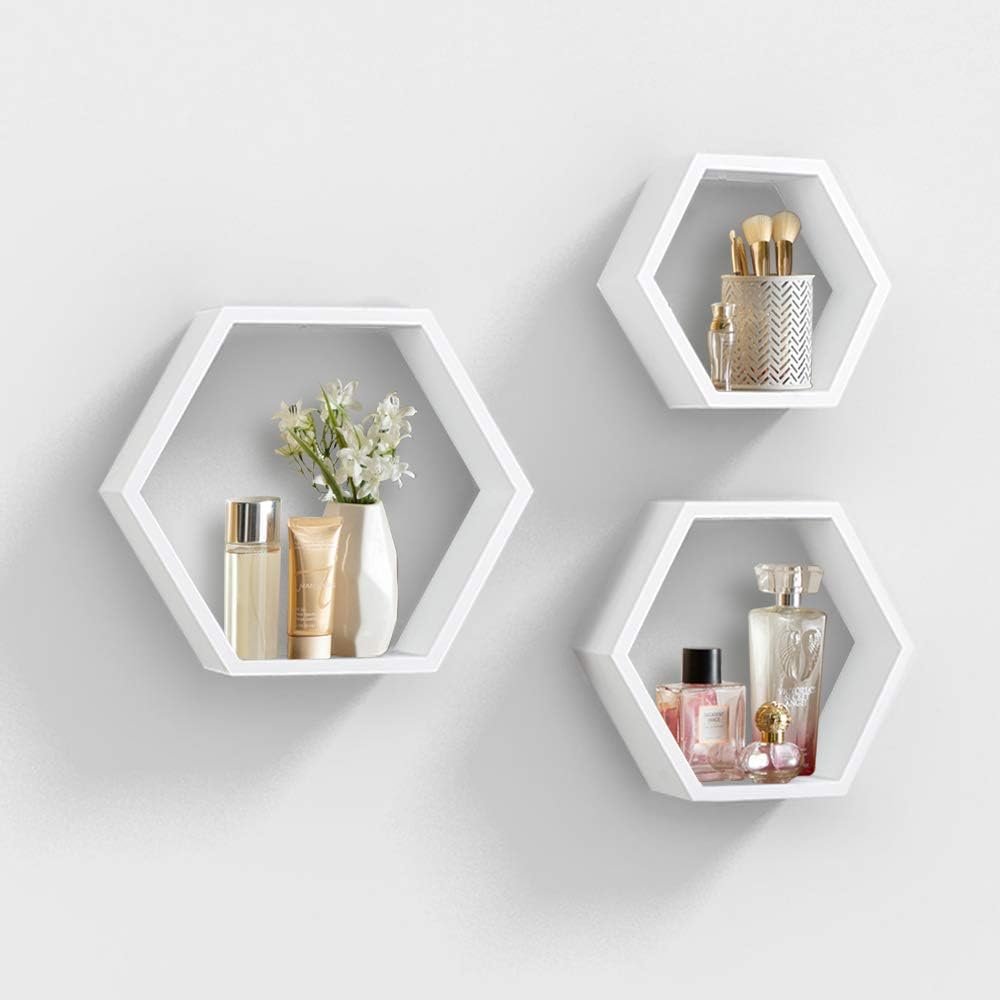 AHDECOR Hexagon Floating Shelves Set of 3, White Engineered Wood Wall Mounted Display Shelves, Modern Honeycomb Wall Decor for Living Room, Bedroom, Bathroom, Entryway, Office & Kitchen