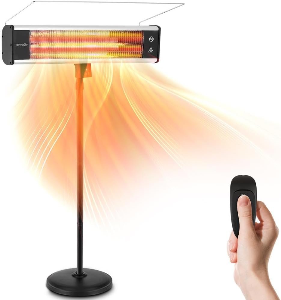 SereneLife Infrared Patio Heater 1500W Electric Heater Indoor/Outdoor Use, Portable Stand with Remote Control, IP65 Approved, 360° Tip-Over Safety Switch for Restaurant, Patio, Backyard, Garage, Decks