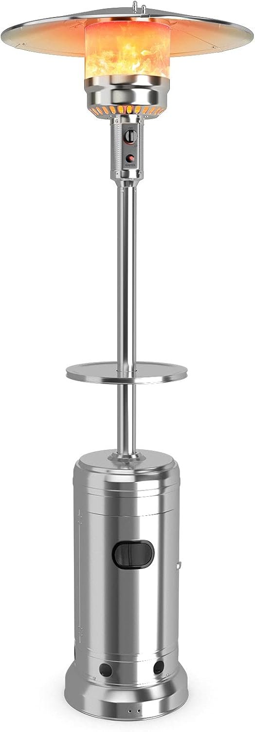 COSTWAY Patio Heater, 48000 BTU Propane Heater with Drink Shelf Tabletop, Wheels, Simple Ignition System and Base Reservoir, Standing Outdoor Space Heater for Home Residential Commercial (Silver)