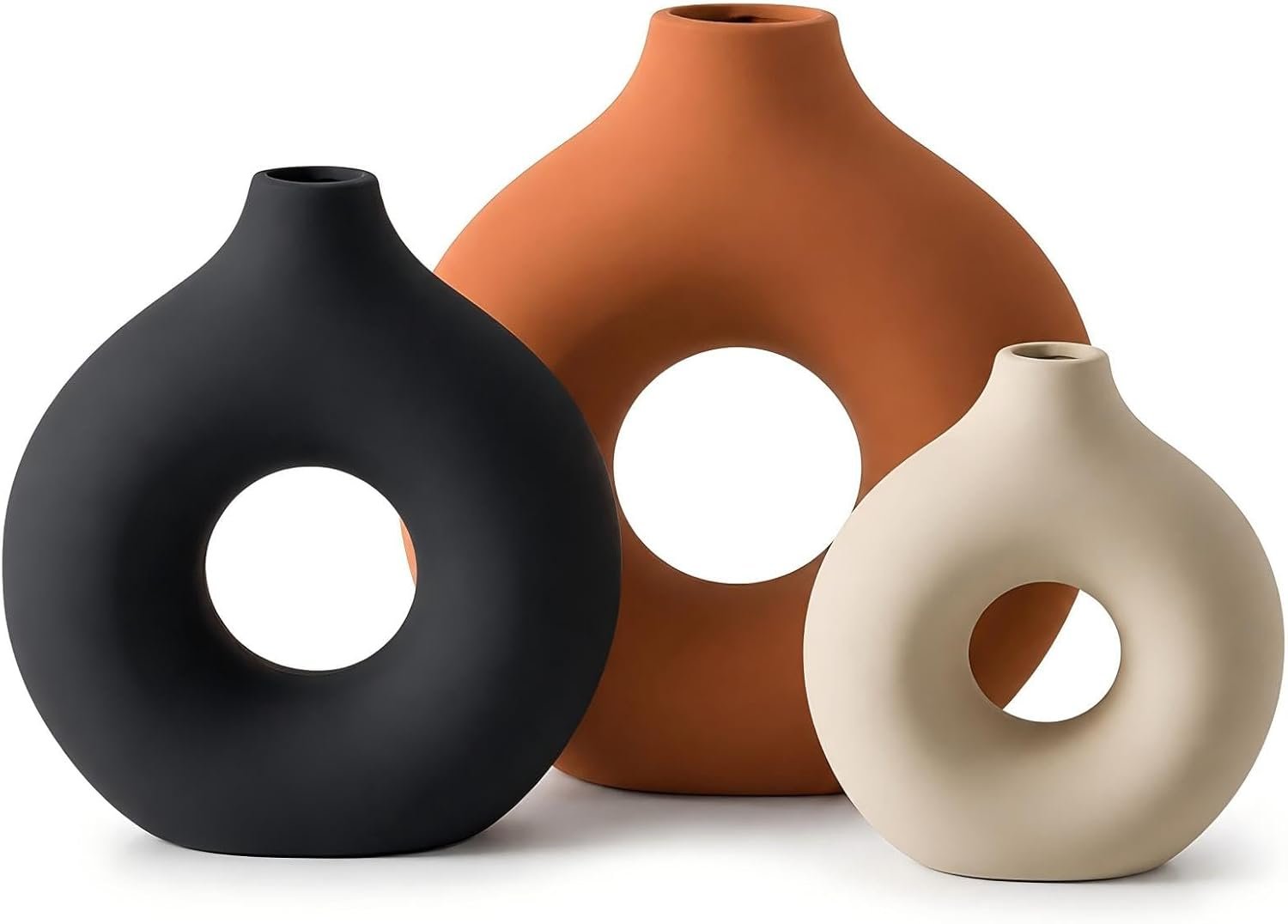 3 Pcs Ceramic Vase Round Donut Matte Home Decor, Vintage