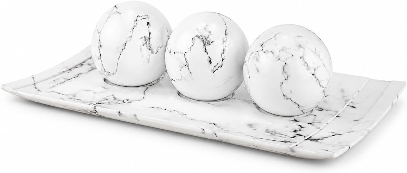 Creative Scents White Marble Look Home Decor Tray and Orb Set Coffee Table Decor for Living Room Centerpiece Table Decorations for Dining Table, Kitchen, Foyer, Entryway Elegant House Decoration