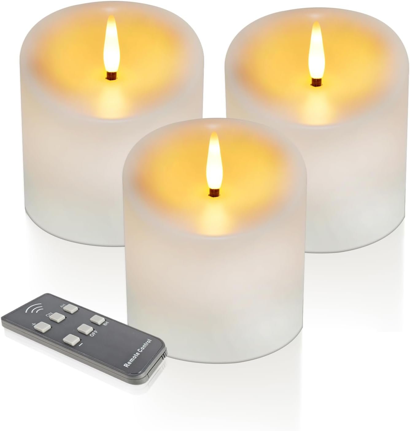 TECHLONG Outdoor Waterproof Flameless Candles with Timer, Remote Control Battery Operated Candles Flickering Last 600 Hours, 3″x3″ Realistic Electric Fake LED Candles, Ivory Plastic, Set of 3