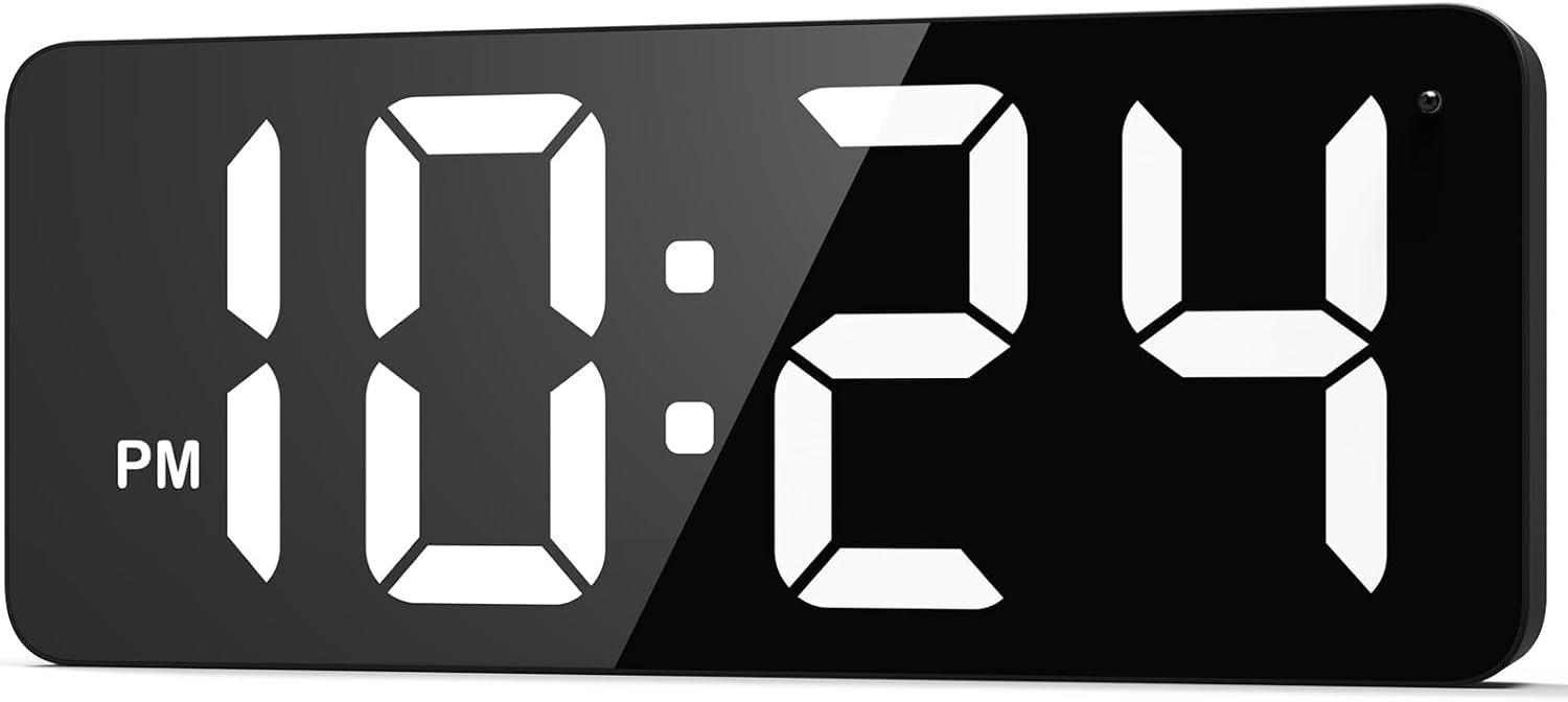 LED Digital Wall Clock with Large Display, Big Digits, Auto-Dimming, 12/24Hr Format, Modern Electric Small Silent Wall Clock for Living Room, Bedroom, Classroom, Farmhouse, Kitchen, Office – White