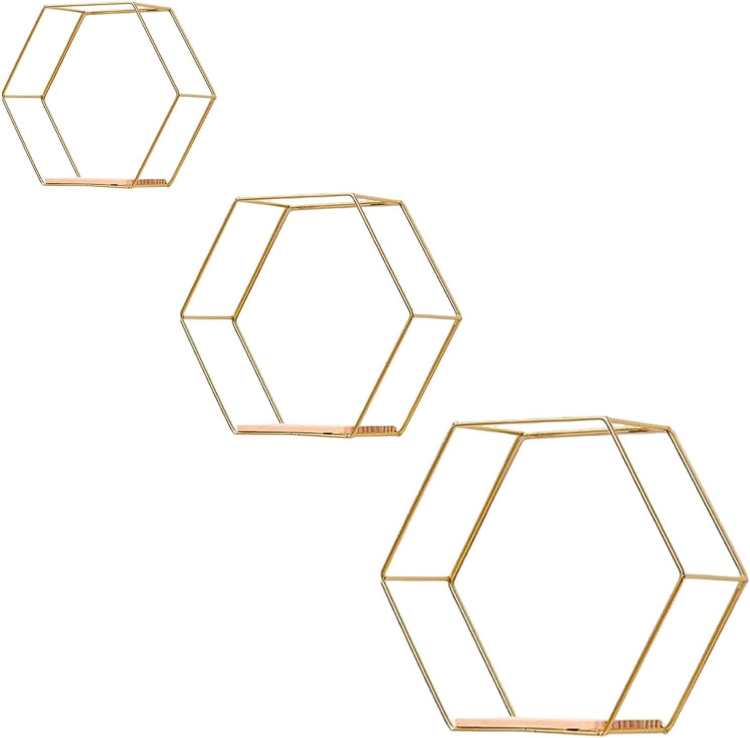 Gold Floating Wall Shelves Set of 3,Metal Hexagon Shelving