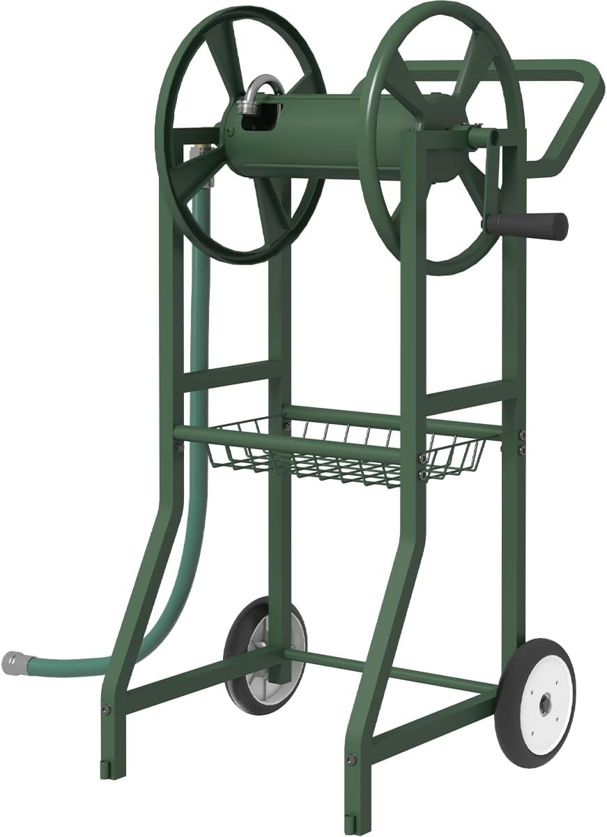 Artigarden Garden Hose Reel Cart with Wheels, Outdoor Heavy Duty Powder Coated Steel Water Winder Storage Holds 125 ft 5/8″ Hose with 3.9ft Leader Hose and Basket for Backyard, Yard, Lawn, Green