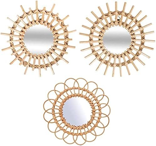 OYPEIP 3 Pack Rattan Boho Innovative Art Decoration Round Makeup Mirror Dressing Bedroom Bathroom Wall Hanging Mirrors Craft Photo Props…