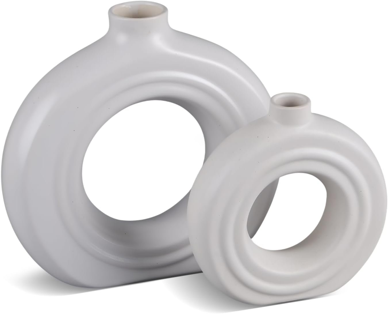 Handicrafts Home Ceramic Donut Vase Set of 2, White Decorative Circle Vases for Pampas Grass, Modern Sculptural Flower Vase Set for Shelf Coffee Table Mantel Living Room Home Décor