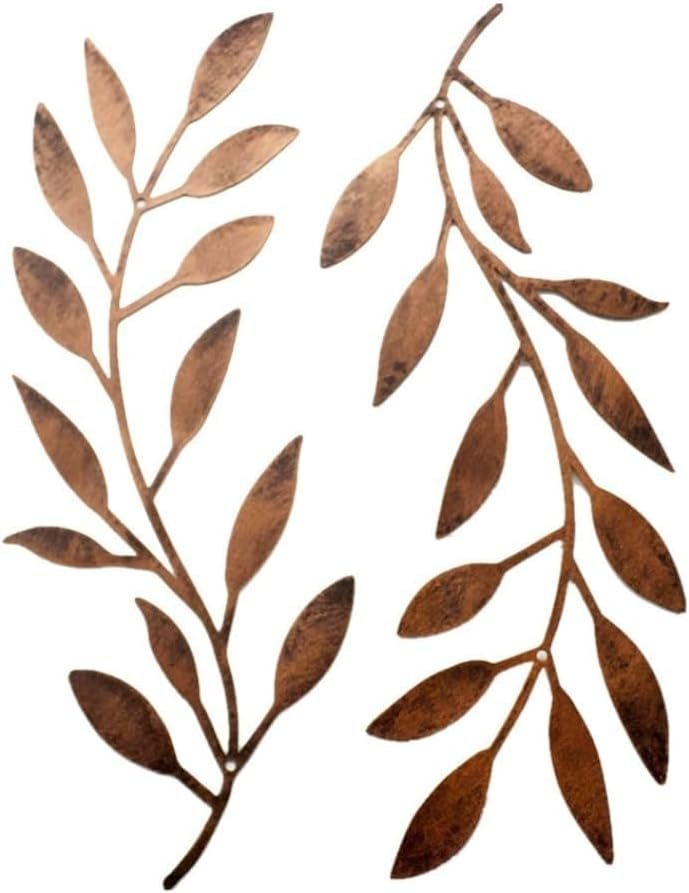 Deanvzes 2 Pieces Metal Tree Leaf Wall Sculptures Ornament Vine Olive Branch Leaf Wall Art Wrought Iron for Living Room Bar Hanging Ornaments (Red Brass – Hand Brush)