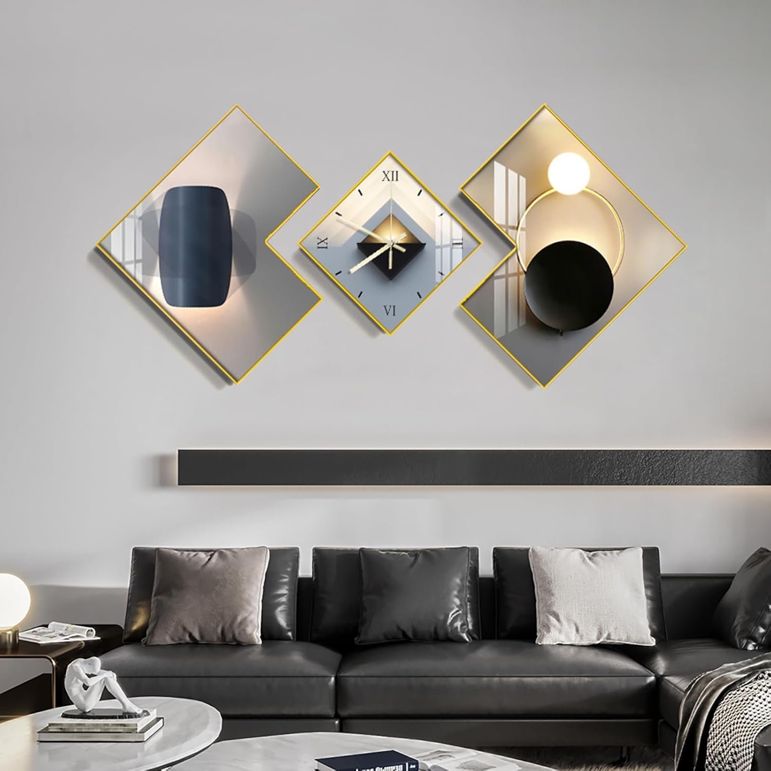 Large 3pcs Geometric Wall Clock with Silent Movement, Modern Decorative Clocks Set with Canvas Painting, Creative Wall Decor for Living Room Home Office (Black)