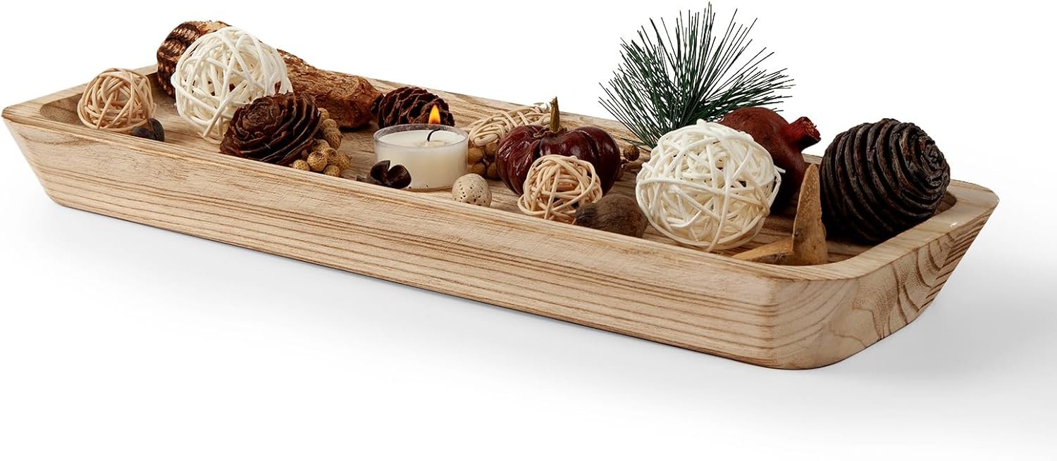 16″ Long Wooden Dough Bowl for Home Decor – Rustic Farmhouse decorative bowl, Wood Bowl Kitchen Table Decor, Dining Room Centerpiece with Natural Wood Grain