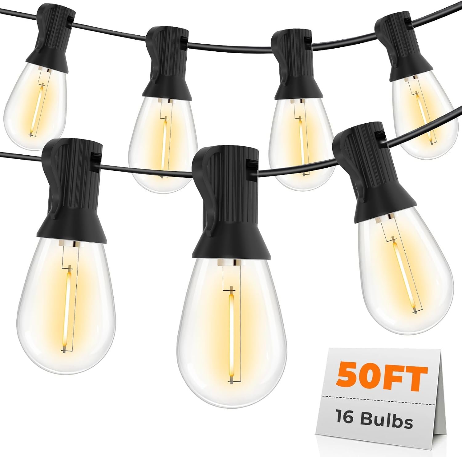 GvvooHome 50FT LED Outdoor String Lights with 16 Shatterproof Waterproof Replaceable Bulbs(1 Spare), 2700K Commercial Grade Patio Light, Outside Hanging Lights for Yard Garden Porch Deck Decor
