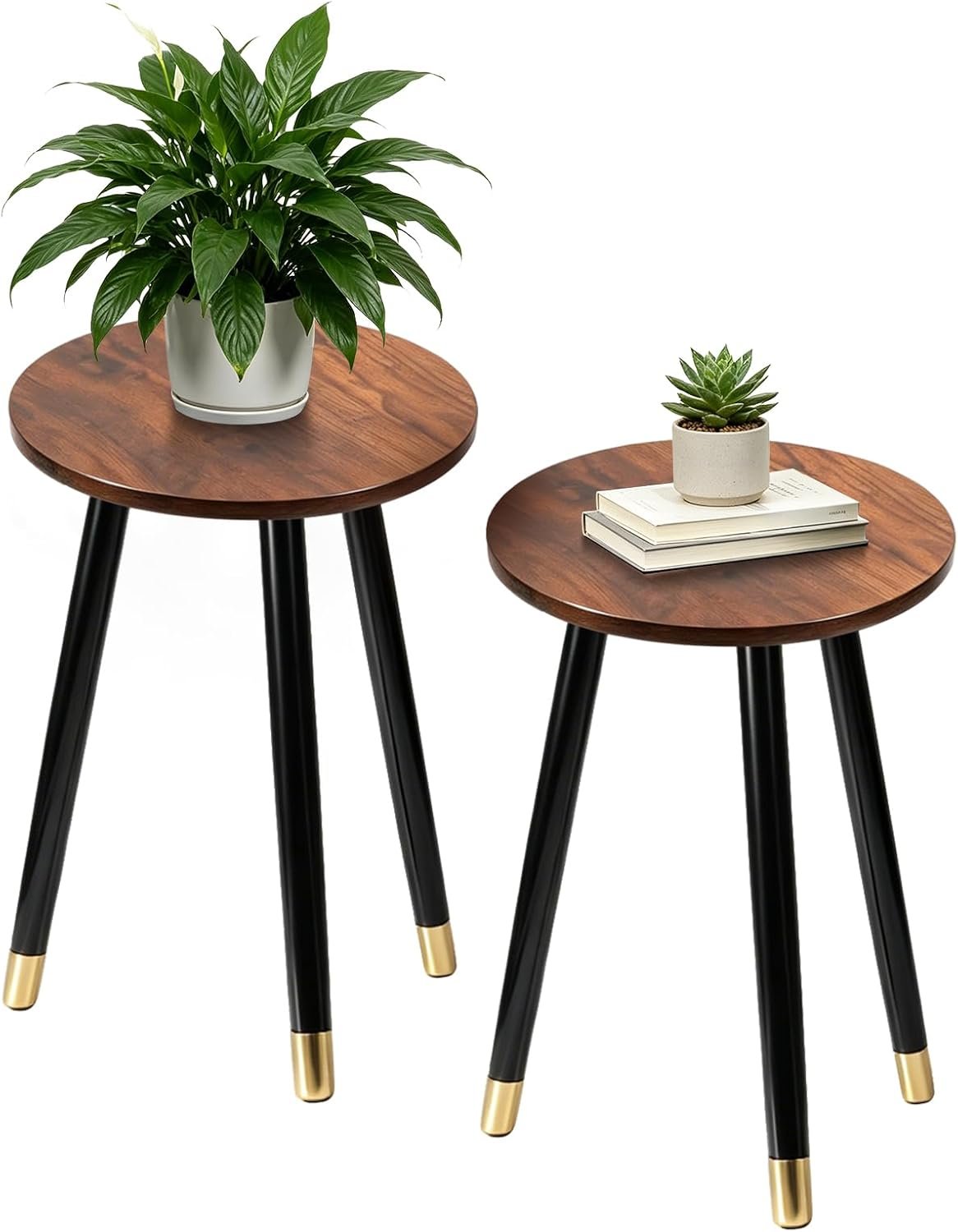 2-Pack Mid Century Plant Stand for Indoor Plants, Modern Wood & Metal Flower Pot Holder Stand for Living Room, Decorative Small Round Side Table for Balcony, Patio, Office, 16.5” High, Walnut & Black