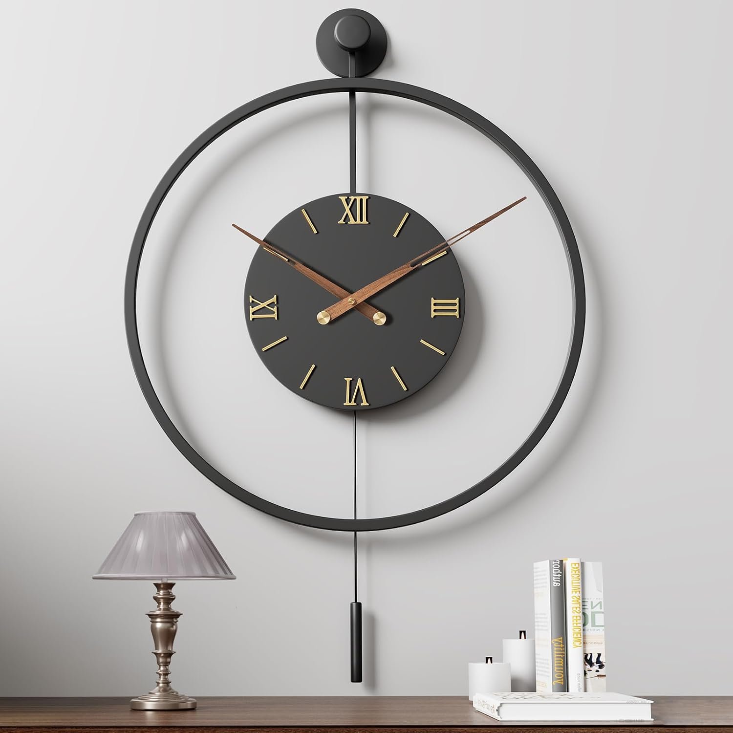 Pytha Sight 30.7×20 Inch Large Metal 3D Roman Numerals Pendulum Wall Clock