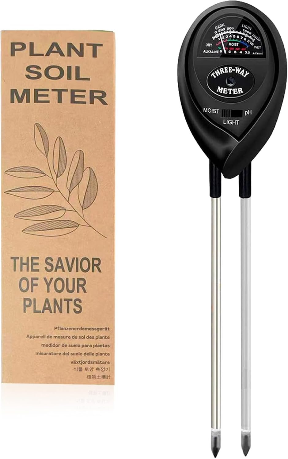 3-in-1 Soil Moisture Meter, Test Soil Moisture, Upgraded Stainless Steel Probe Soil pH/Light/Moisture Meter for Plants, Soil Test kit, Soil Tester for Garden, Farm, Lawn, Indoor & Outdoor