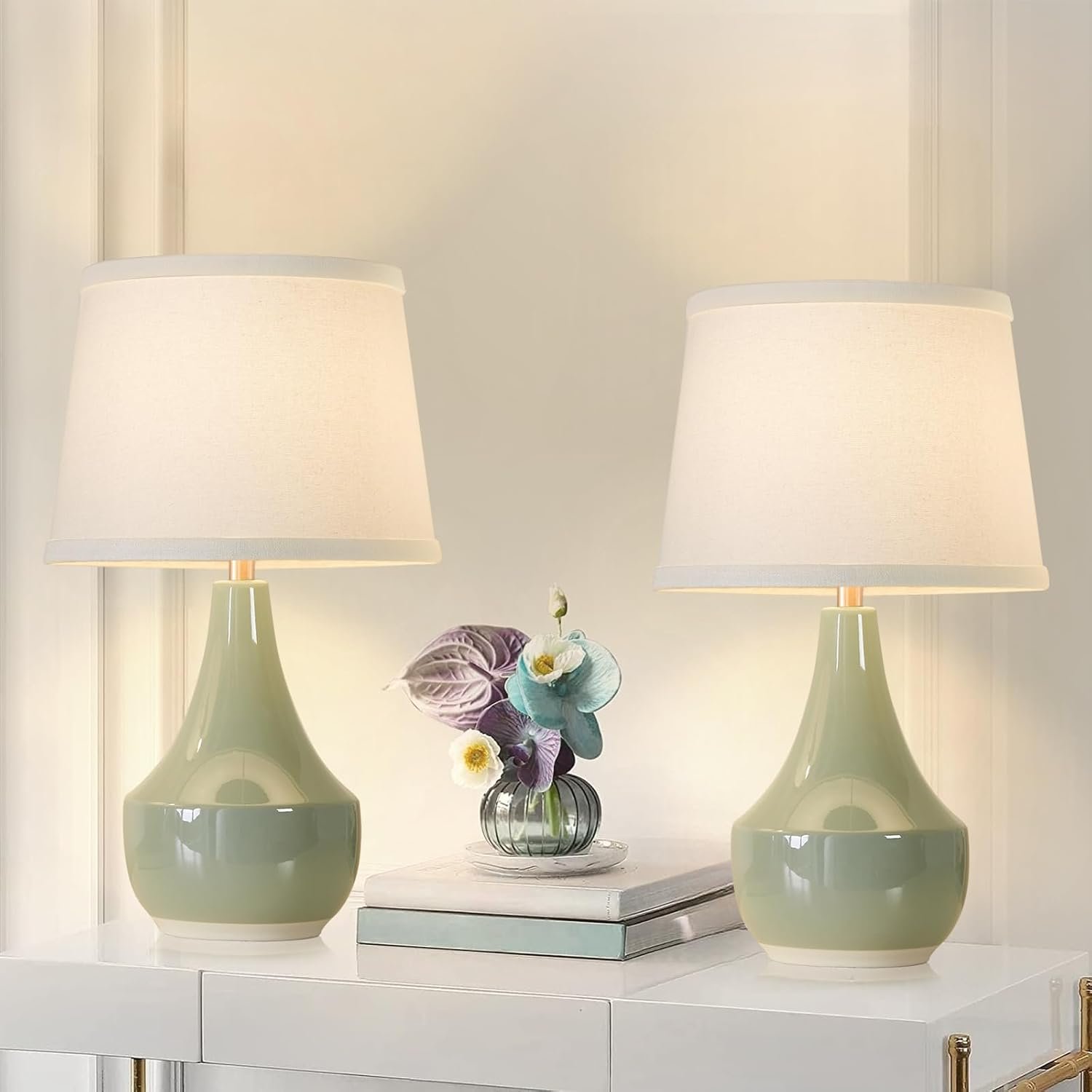 GyroVu 18″ Table Lamp Set of 2, Ceramic Table Lamp Classic Beside Lamps Nightstand Lamp Modern Lamp for Living Room, Bedroom & Office Rocker Switch Sage Green-LED Bulbs Included