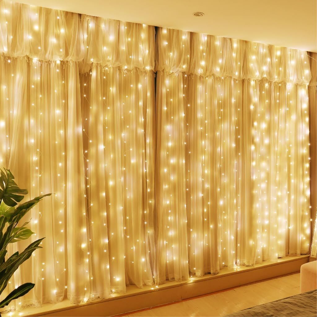 HXWEIYE 300LED Fairy Curtain Lights, 9.8×9.8Ft USB, Remote, 8 Modes & Timer