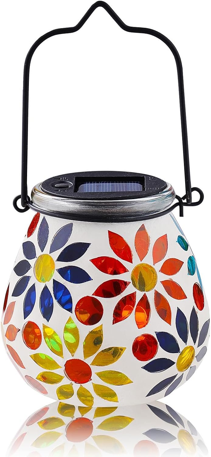VOREEN Mosaic Solar Lanterns Outdoor Waterproof, Handcrafted IP44 Waterproof, Solar Table Lamp for Garden, Patio, Party, Decorative Solar Lights for Outdoor Decor and Gifts, Multi Colored Flowers