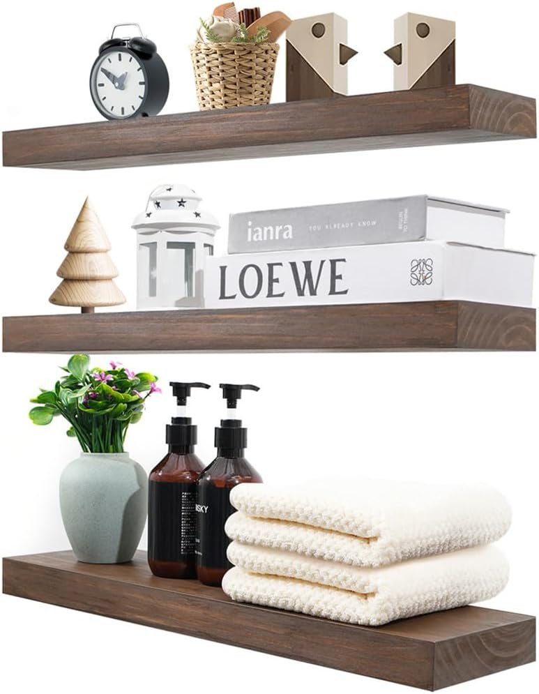 Wood Floating Shelves for Wall Set of 3, 22 Inch Rustic Floating Shelf Wall Mount, Solid Wooden Bathroom Floating Shelves for Kitchen, Bedroom, Living Room – Dark Walnut