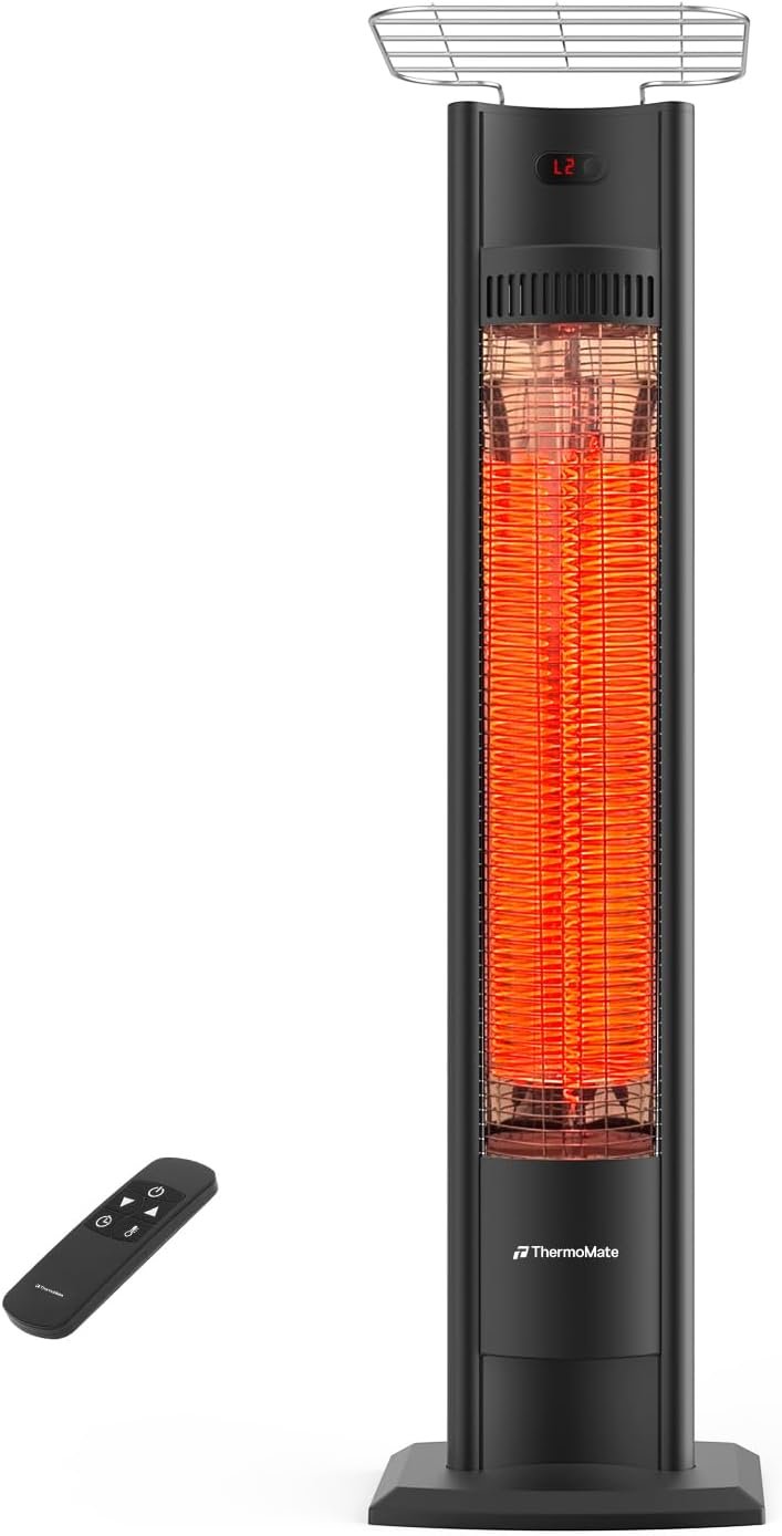 ThermoMate Outdoor Indoor Electric Patio Heater, 1500W 38.5″ Portable Tower Infrared Heaer, IP55 Rated Space Radiant Heater with Remote, Timer, Tip-over Protection for Backyard, Restaurant & Garage