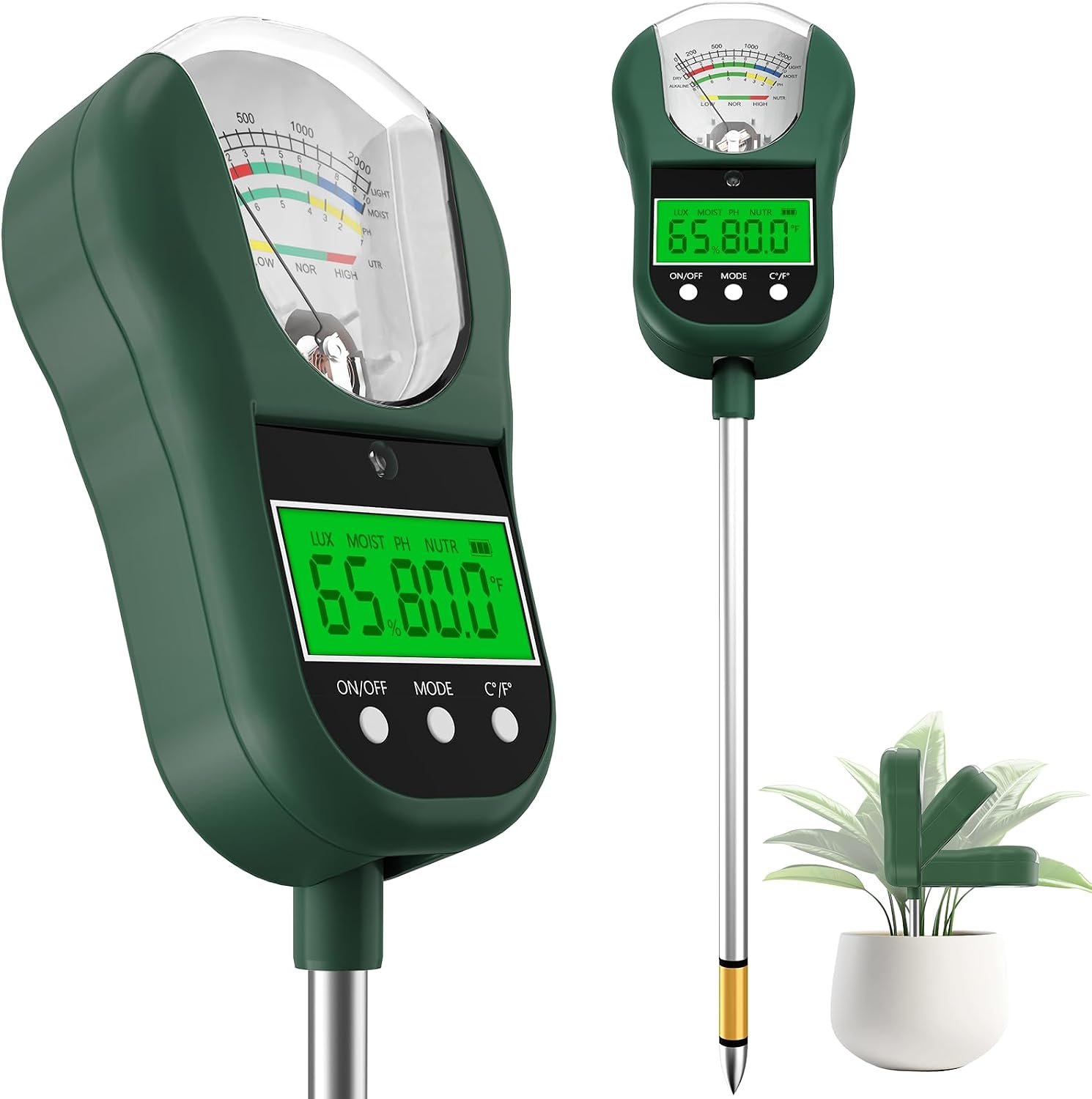 Soil Test Kit, 7 in 1 Soil Ph Meter/Soil Tester for Moisture/Sunlight Intensity/Fertility, Digital Soil Temp/Air Temp&Humidity with Dual Screen for Gardening,Lawn,Farm Indoor&Outdoor Plants-MossGreen