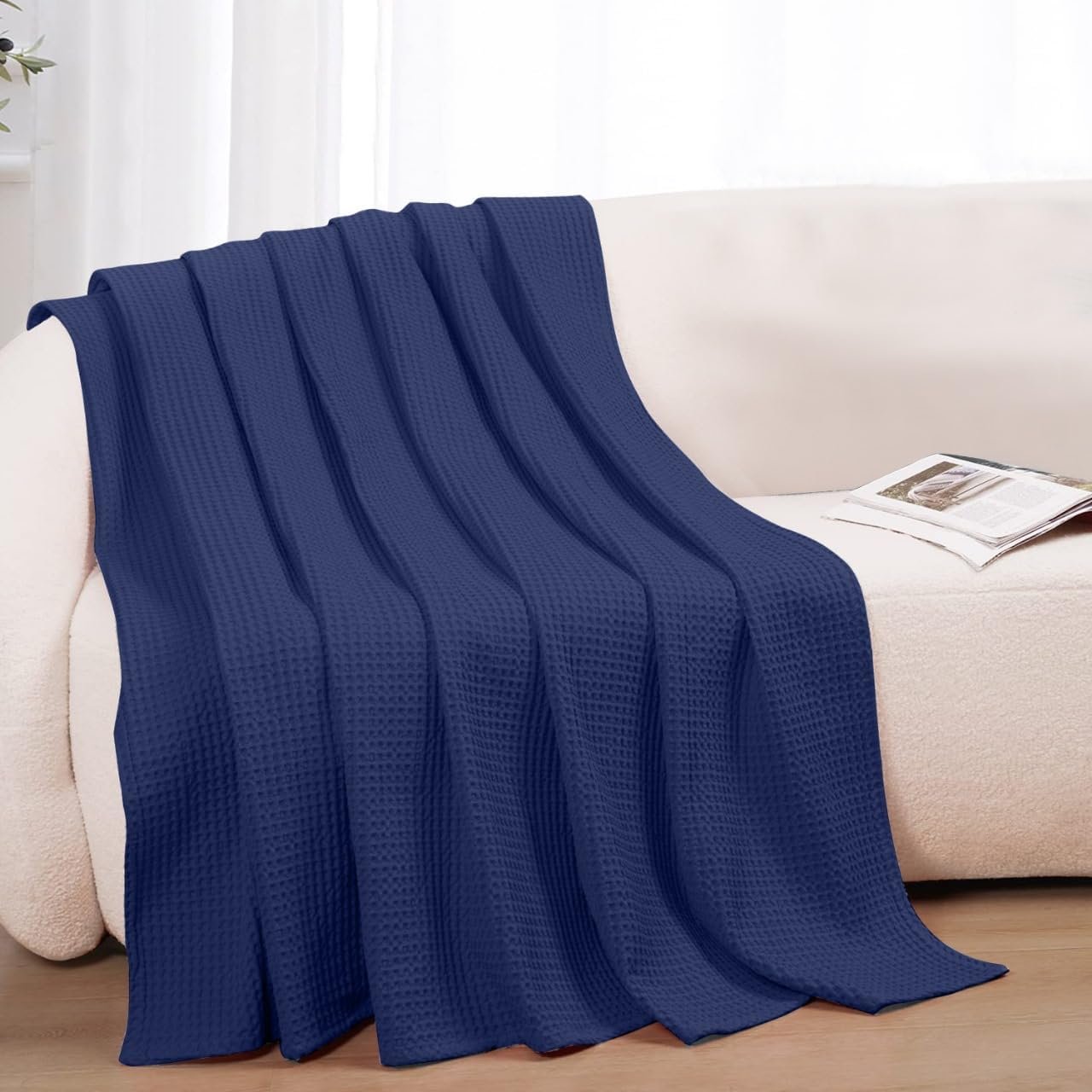 100% Cotton Blankets for Bed – Waffle Weave Blankets for Summer, Lightweight and Breathable Soft Woven Blanket for Spring (Navy, Throw (50″ x 60″))