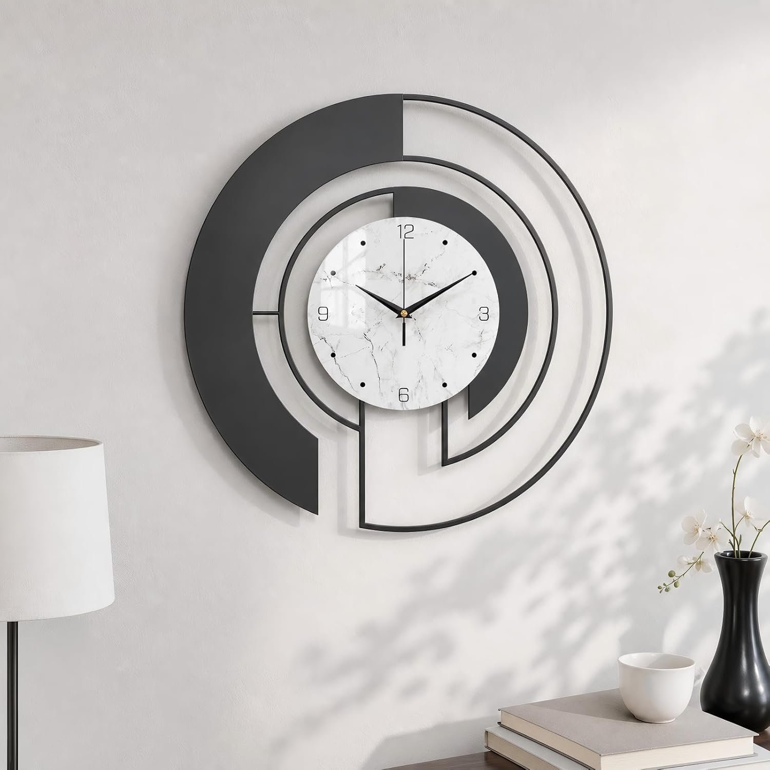 18-Inch Modern Black Metal Wall Clock, Marble Patterned Glass Dial