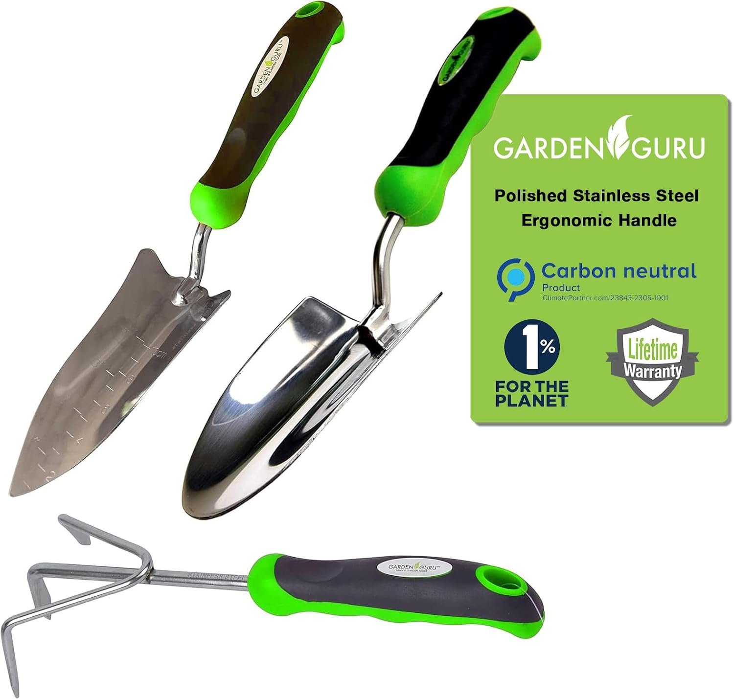 Garden Guru Garden Tool Set 3pc Hand Trowel Transplanter Cultivator – Heavy Duty Rust Resistant Stainless Steel – Ergonomic Comfort Grip Handle – Perfect Gardening Tool Kit Gifts for Women & Men