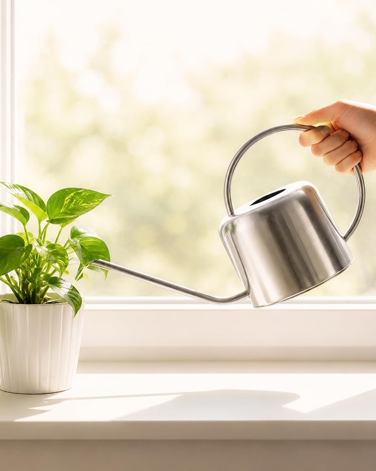 Bamworld Metal Watering Can for Indoor Outdoor Plant 1L/35oz Silver