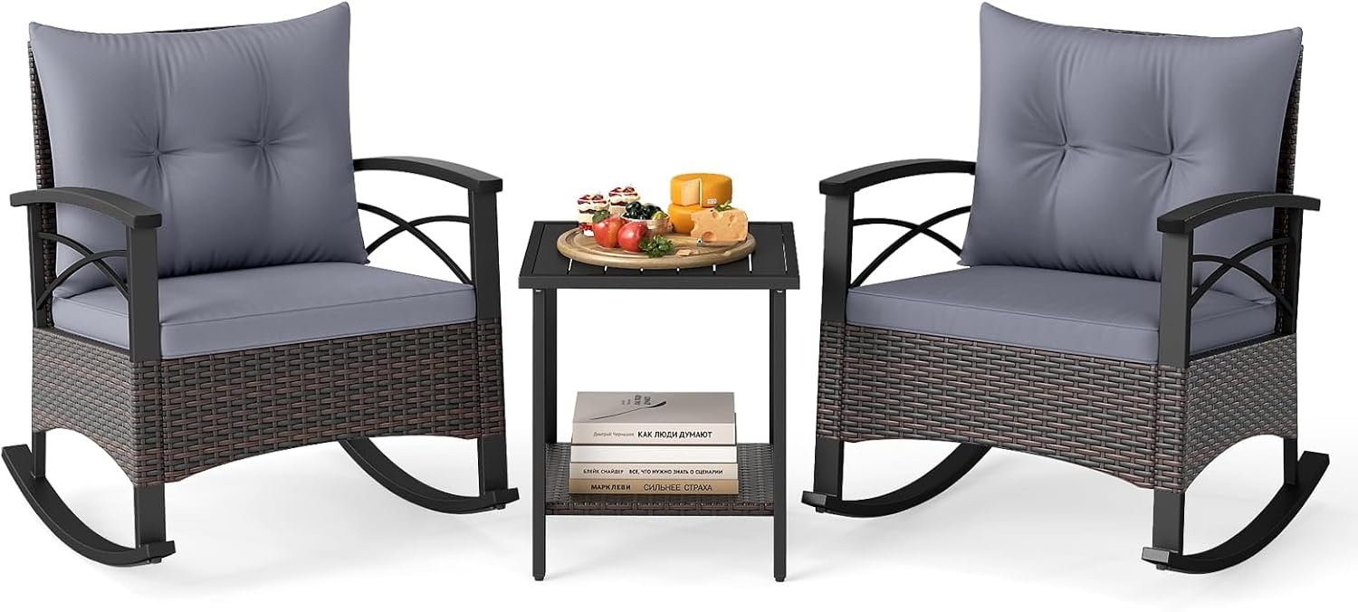 Tangkula 3 Pieces Wicker Outdoor Rocking Chairs Set