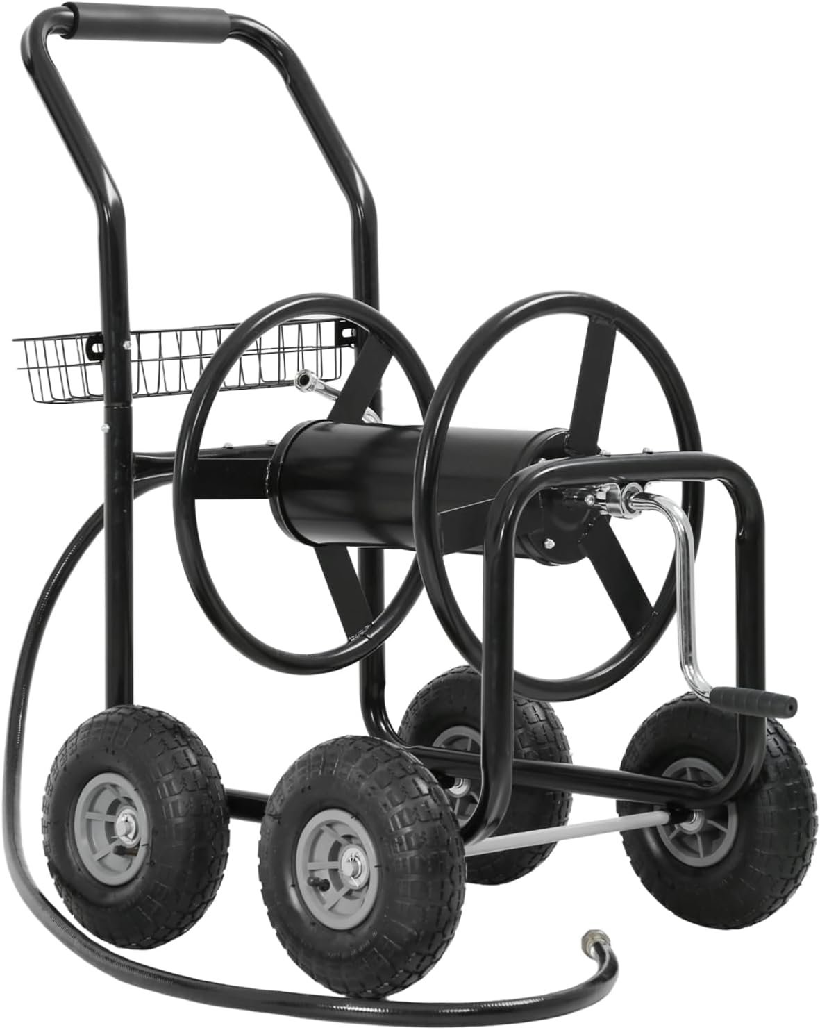 FDW Garden Hose Reel Cart, Water Hose Cart with 4 Wheels, Hold Up to 300 ft of 5/8’’ Hose，Heavy Duty Powder-Coated Steel Planting with Storage Basket, for Garden, Yard and Lawn
