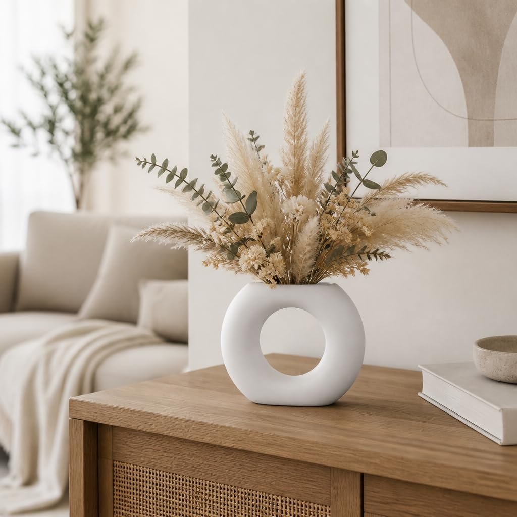 Ceramic Vase – Flower Holder for Stems or Dried Arrangements, Living Room, Bedroom, or Entryway Shelf Placement, Modern Donut Shaped Home Decor Accent for Layered Styling – 7″, White