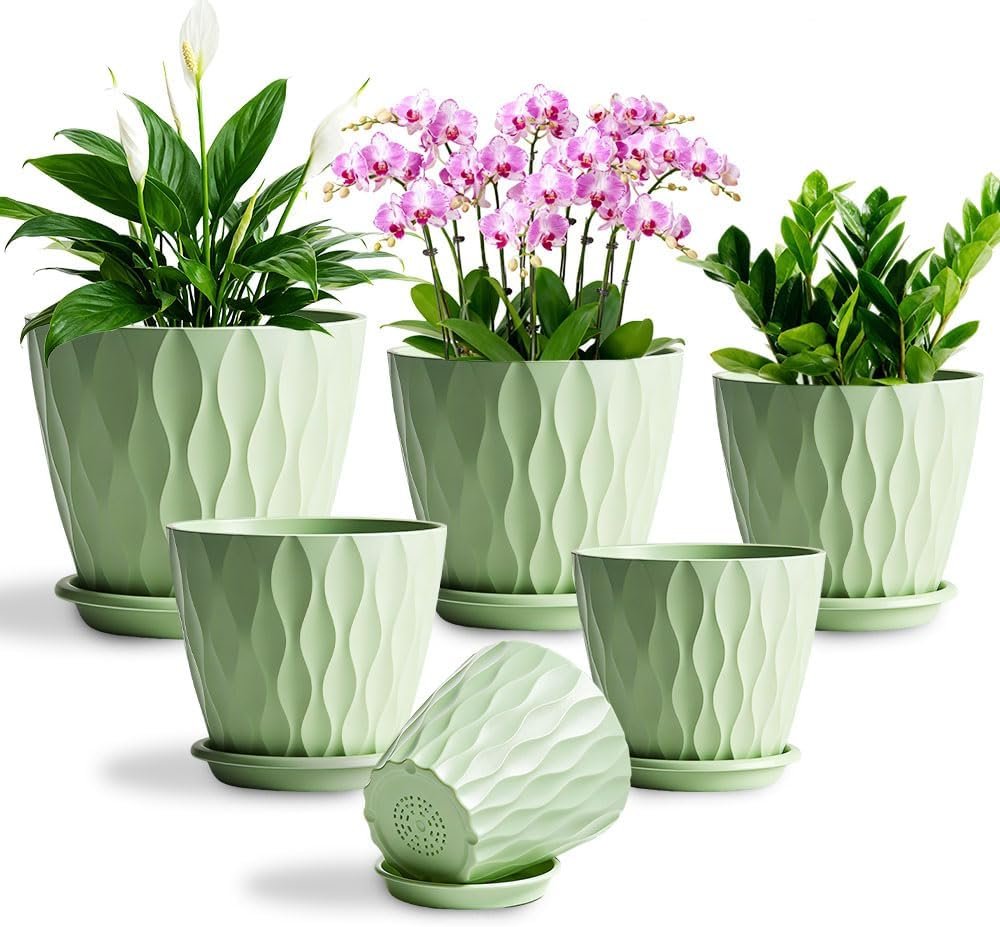 Plant Pots, Self Watering Planters with Drainage Holes and Trays, Flower Pots for Indoor Outdoor – 6 Pack(4/5/6/6.5/7/8 Inch) (Light Green)