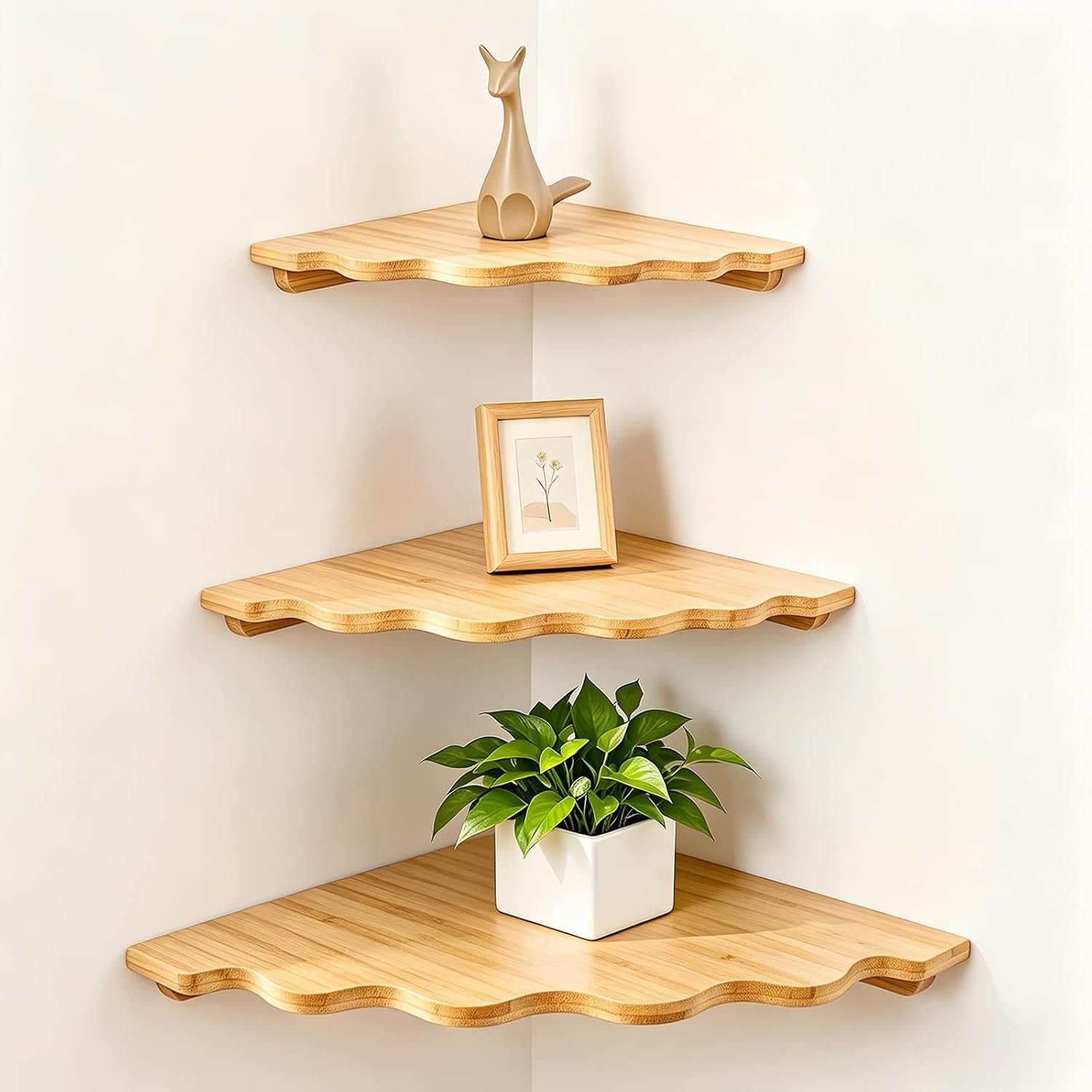 Fantasyon Corner Floating Shelf Wall Mount, Set of 3 Floating Corner Shelves, Bamboo Wood Corner Hanging Shelves with Cord Hole Rustic Wall Shelves for Bathroom Bedroom Kitchen Living Room Home Decor