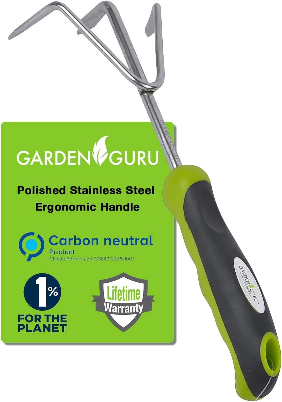 Garden Guru Hand Cultivator Rake Tiller Tool – Stainless Steel for Ultimate Strength – Rust Resistant – Ergonomic Handle – Great for Gardening Cultivating Loosening Weeding