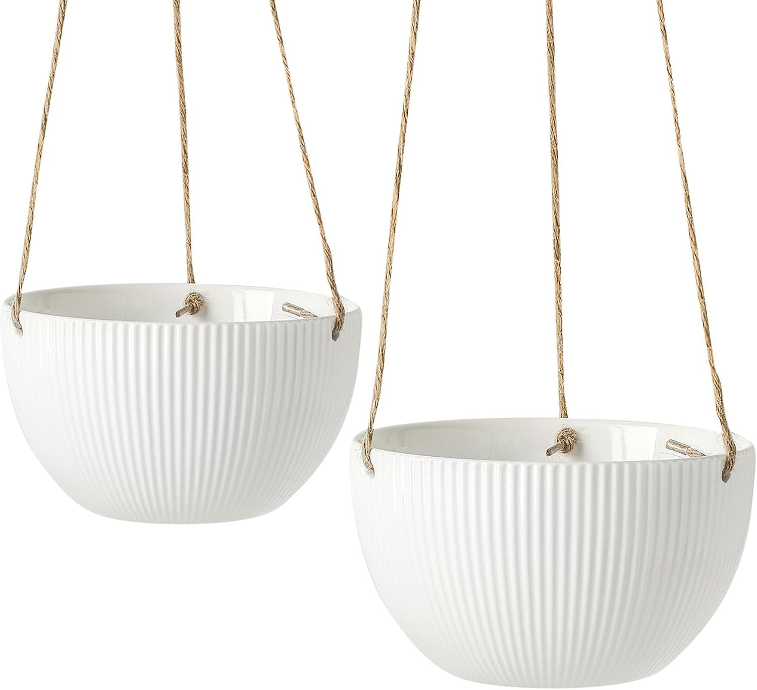 UBEE Ceramic Hanging Planters Indoor Outdoor, 7.5 Inch + 6.5 Inch Hanging Flower Pot for Plants Hanging Basket for Succulent Pothos Herbs Window Home Decor, 2 Pack, White