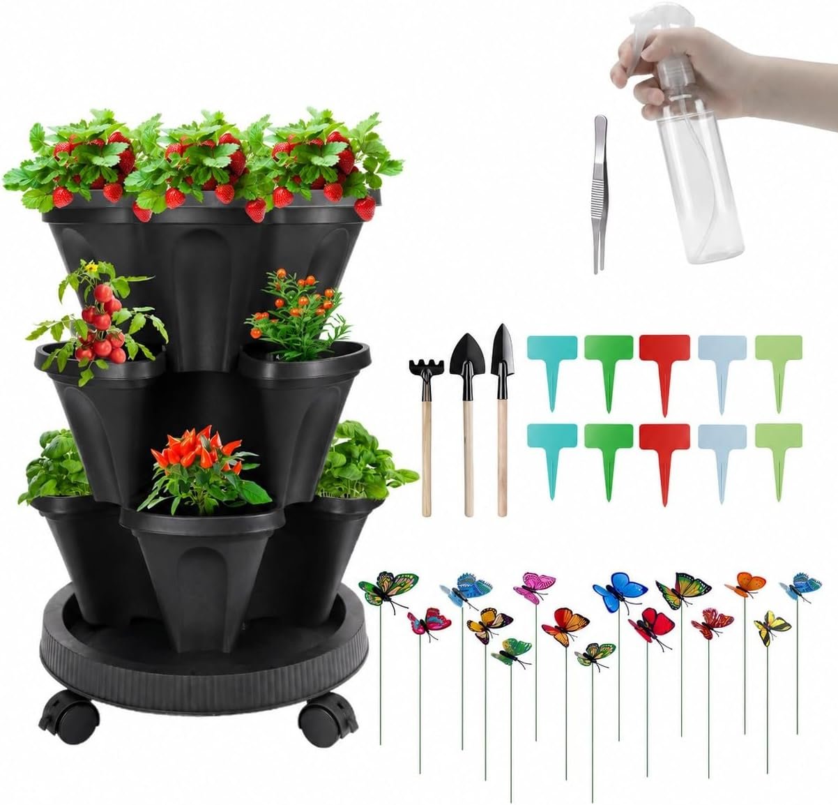 GameXcel Vertical Planter Tower – 3 Tier Stackable Garden Planters with Wheels and Garden Tool Set Plant Pots for Strawberry Herb Flower and Vegetable Indoor Outdoor Use Black