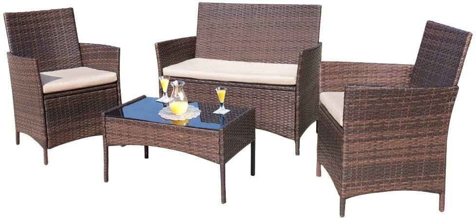 Homall 4 Pieces Outdoor Patio Furniture Set, Rattan Chairs, Brown & Beige