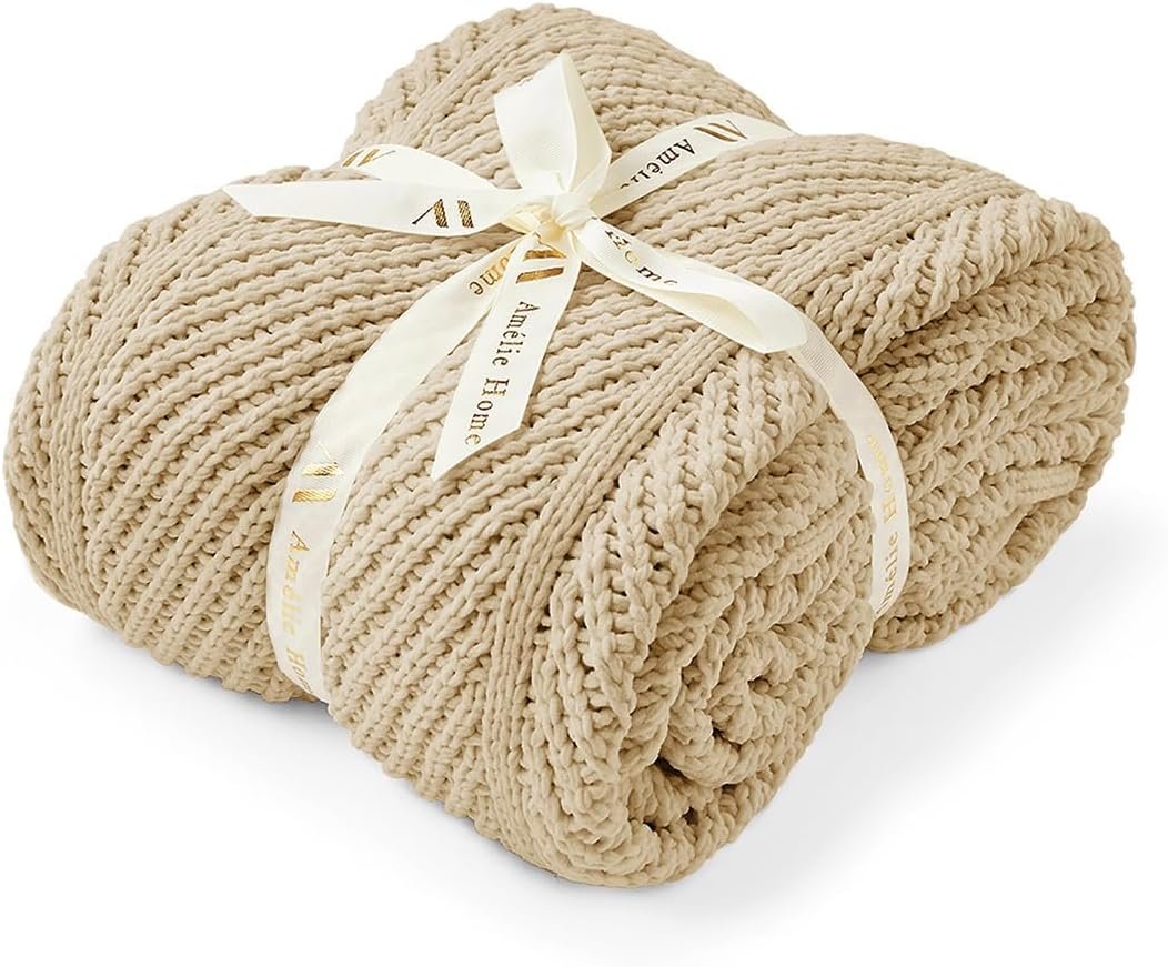Amélie Home Chenille Knit Throw Blanket for Couch, Beige, 50″x60″