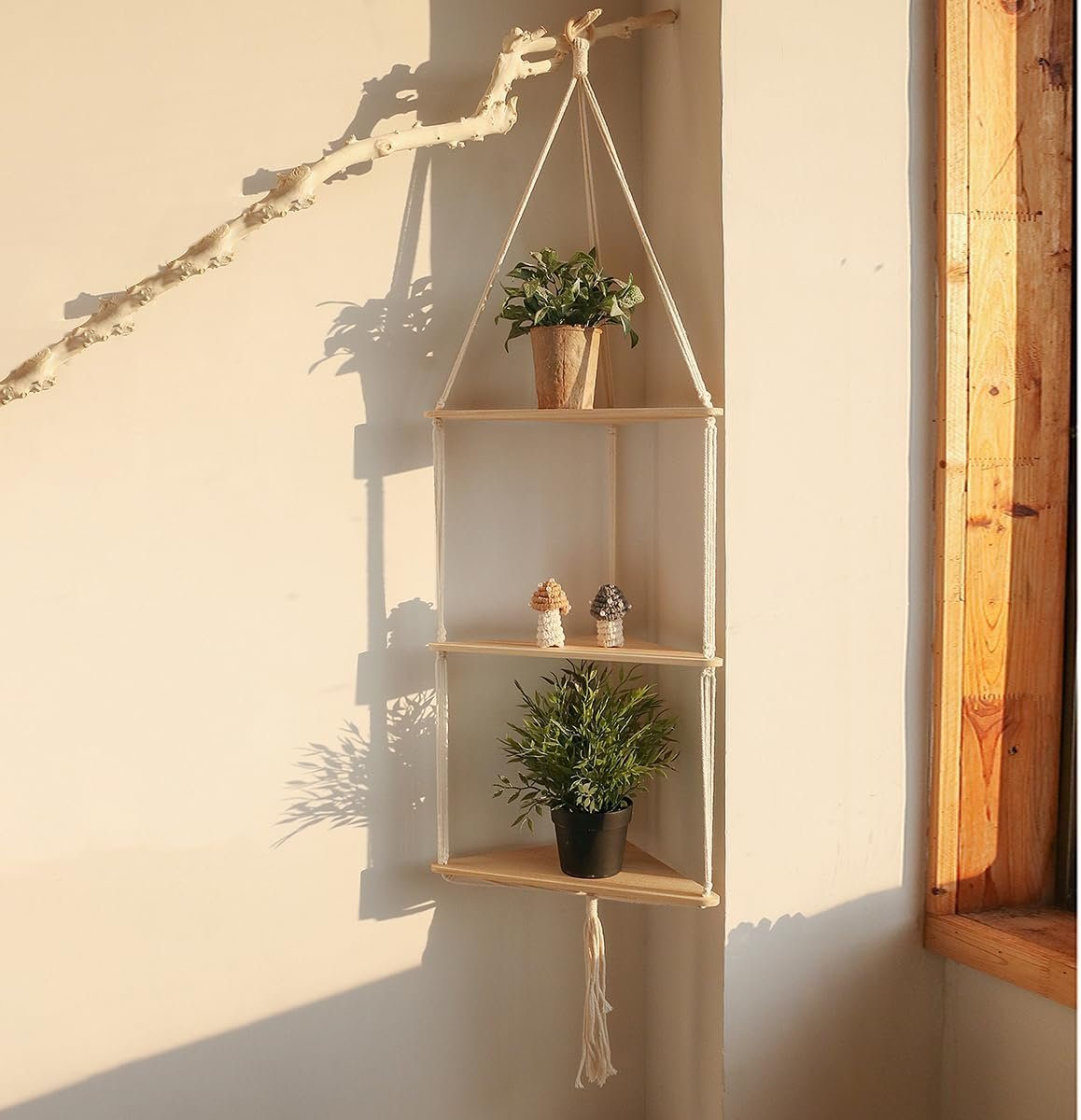 Artilady Corner Shelves Macrame Wall Hanging, 3 Tier Boho Storage