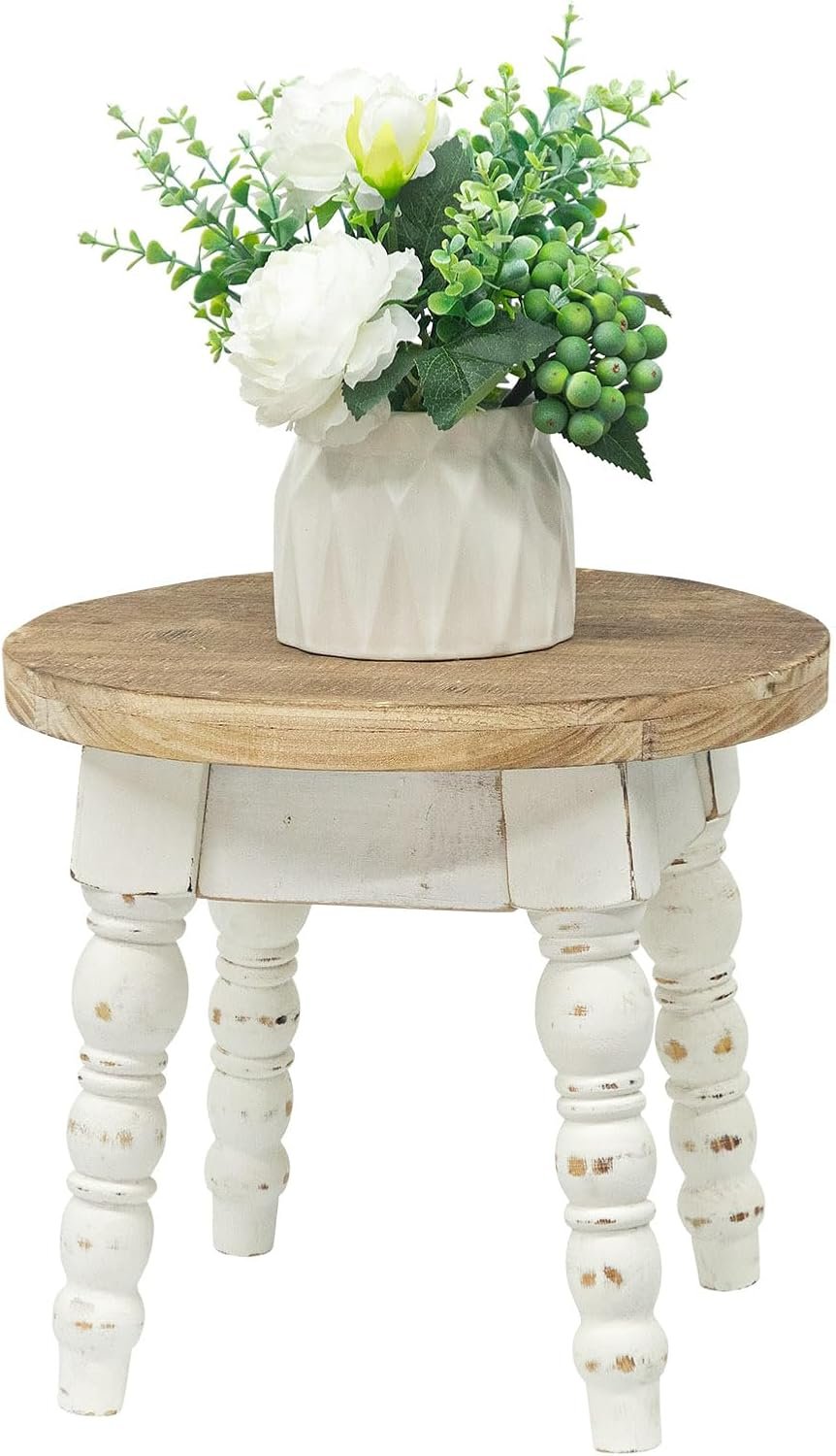 Solid Wood Indoor Plant Stand Stool, 11.8″ Round × 10.6″ Tall Small Wood Plant Stand for Pots, Vases & Home Décor – Rustic Vintage White Display Pedestal & Plant Holder for Indoor or Outdoor Use