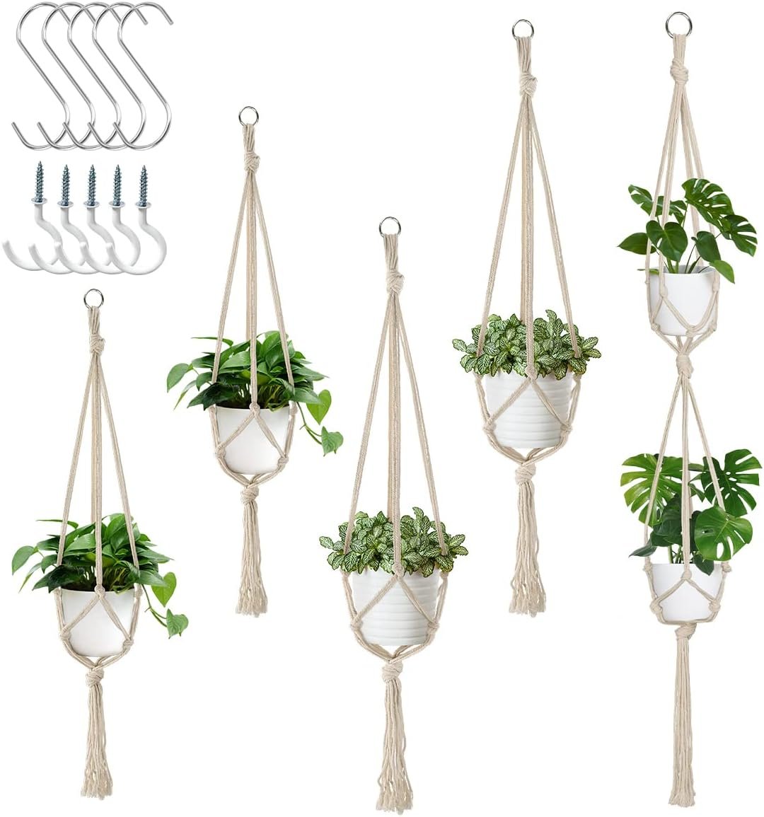 5 Pack Macrame Plant Hangers, Indoor Hanging Plant Holder with S Hooks and Hook Nails, 3 Sizes 34″/40″/54″, Handmade Macrame Planter Hanging Baskets for Small Plant Pots, Boho Home Decor (Beige)