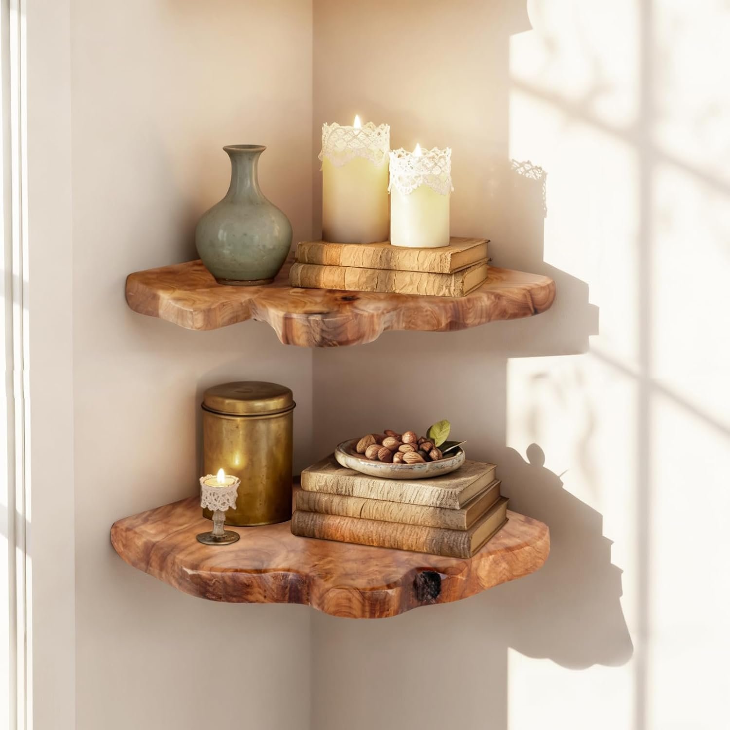 WELLAND Live Edge Cedar Corner Shelf Set of 2, Floating Wall Shelves