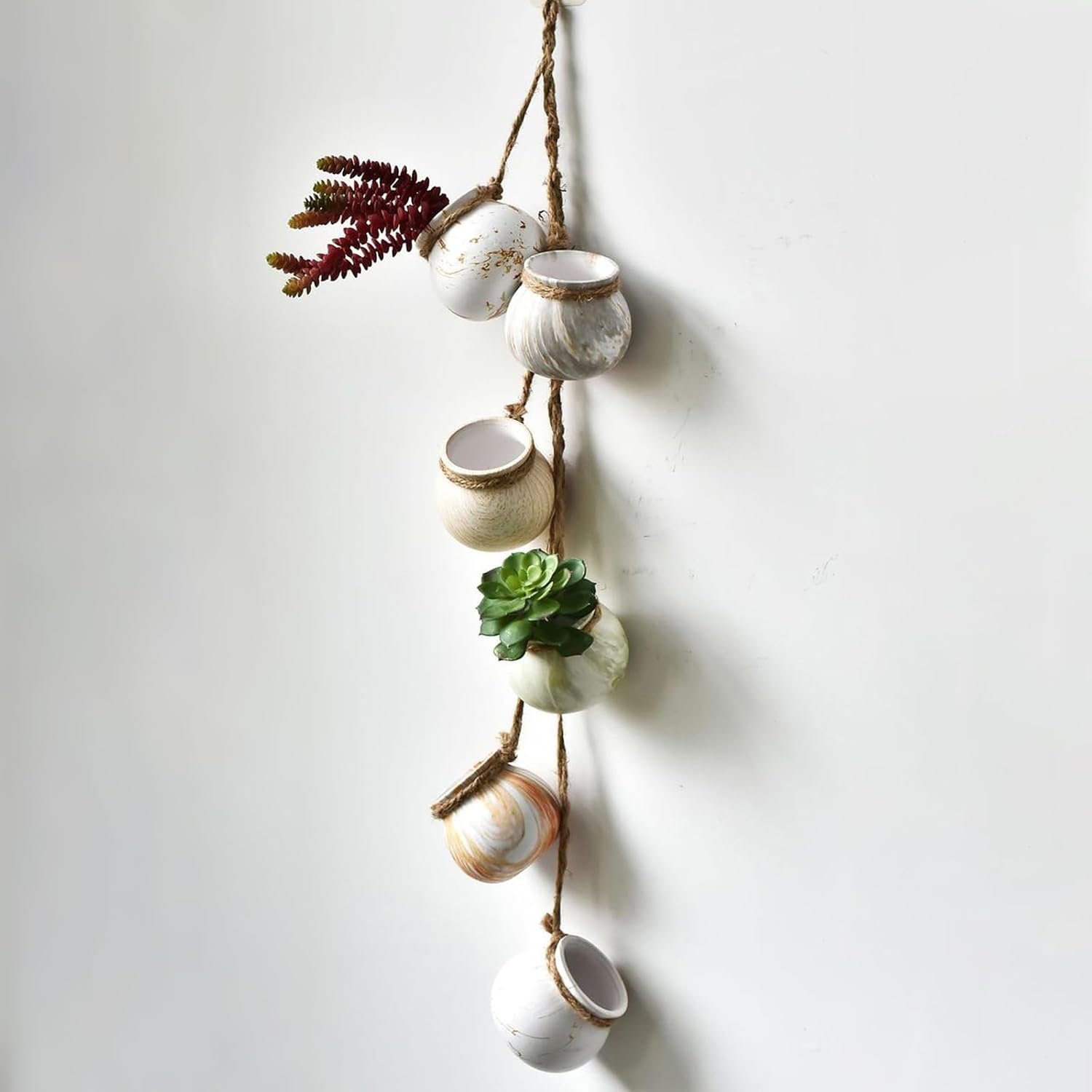 SOUJOY 6 Pack Hanging Succulent Planters, 4” Mini Ceramic Wall or Ceiling Mount Dangling Plant Pot, Hanging Flower Pot with Jute Rope for Indoor Outdoor Decor, Light Beige