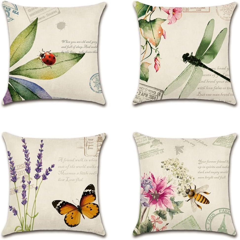 Artscope Set of 4 Waterproof Throw Pillow Covers 18×18 Inches, Decorative Spring Cushion Covers for Outdoor Patio Garden Living Room Sofa Farmhouse Decor (Insects & Plant)